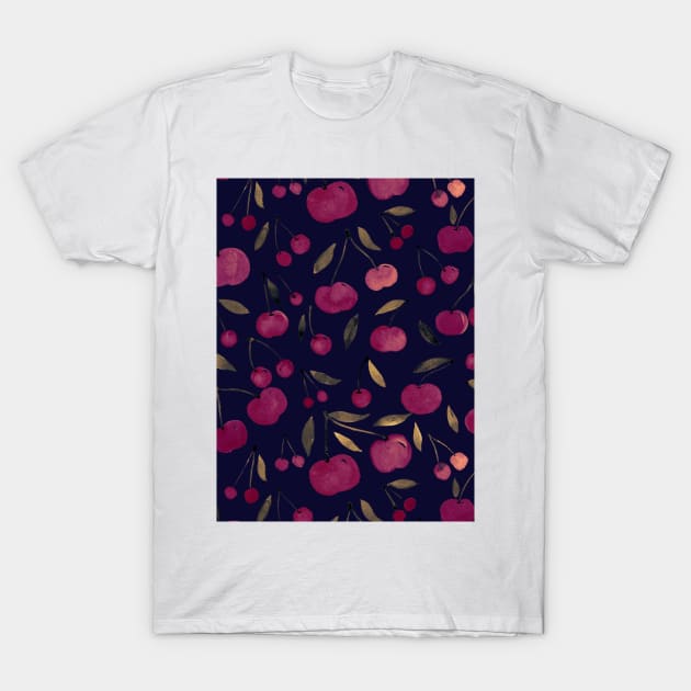 Watercolor sour cherries pattern - burgundy and black T-Shirt by wackapacka